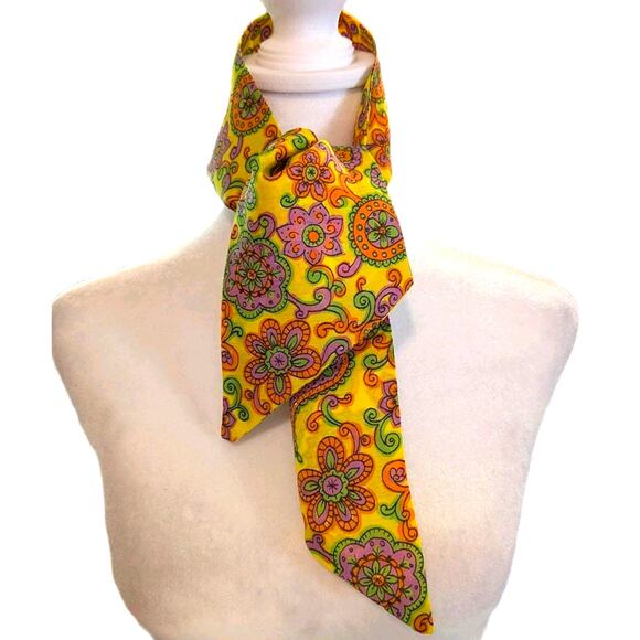 Vtg 1960s Mod Neon Paisley Floral 32" Cravat Neckerchief Head Scarf Hair Tie - Picture 1 of 6